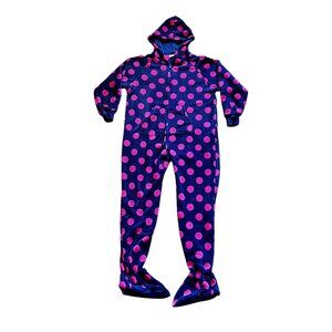 Footed Pajamas Hooded Purple Pink Polka Dot Fleece Zipper Closure Pocket Warm